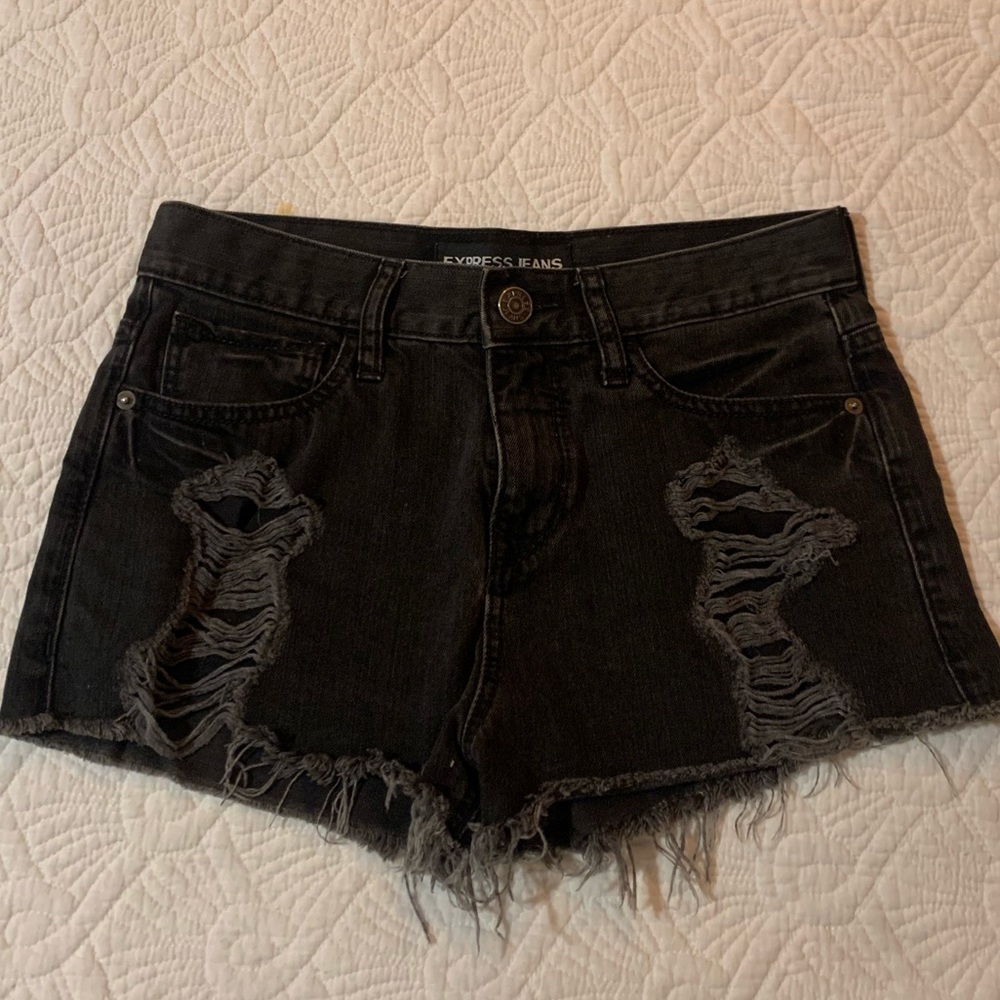 Black Distressed True Denim Shorts
